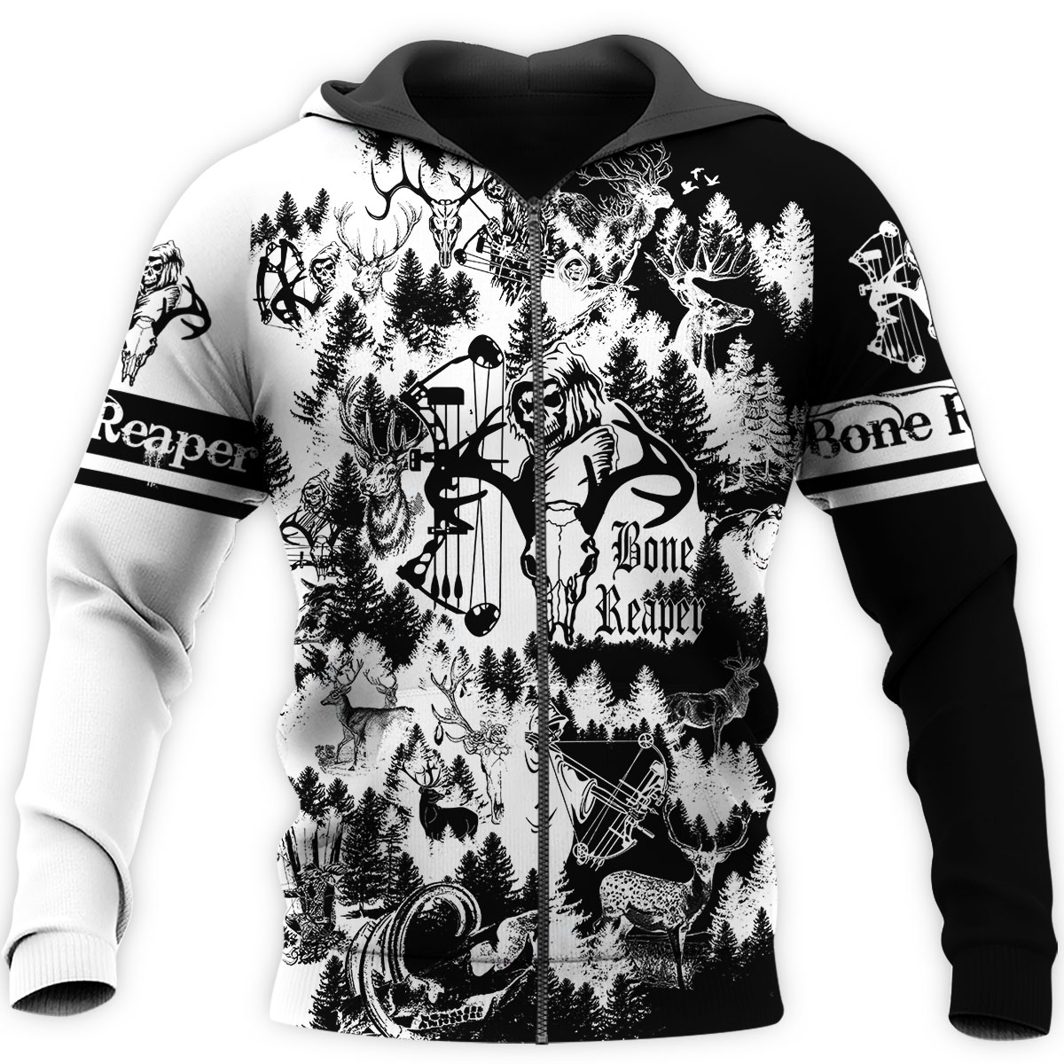 PL442 BONE REAPER BLACK AND WHITE 3D ALL OVER PRINTED SHIRTS-Apparel-PL8386-zip-up hoodie-S-Vibe Cosy™