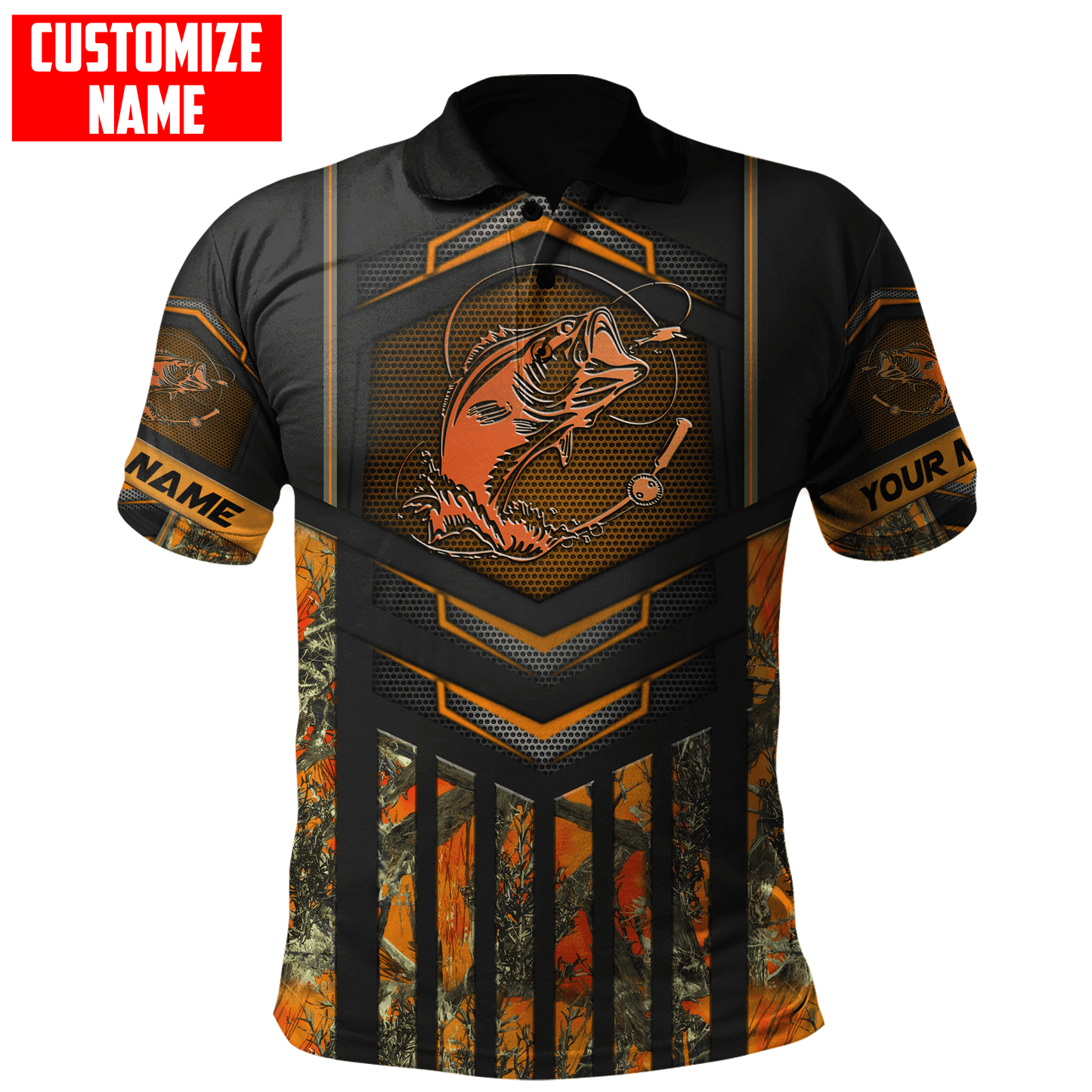 Custom name Fishing Orange Steel Camo 3D printed shirts