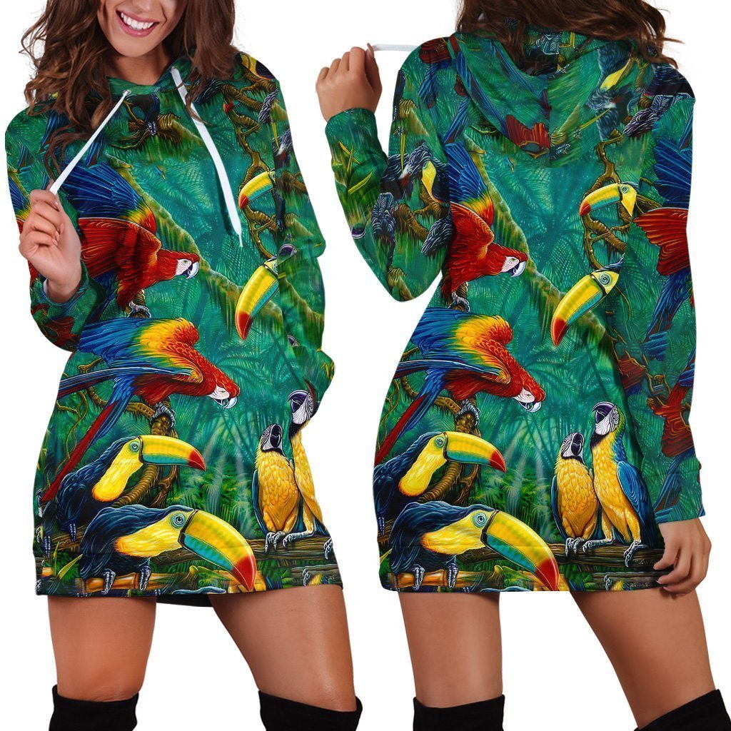 All Over Printed Parrots Hoodie Dress H211B-Apparel-HbArts-Hoodie Dress-S-Vibe Cosy™