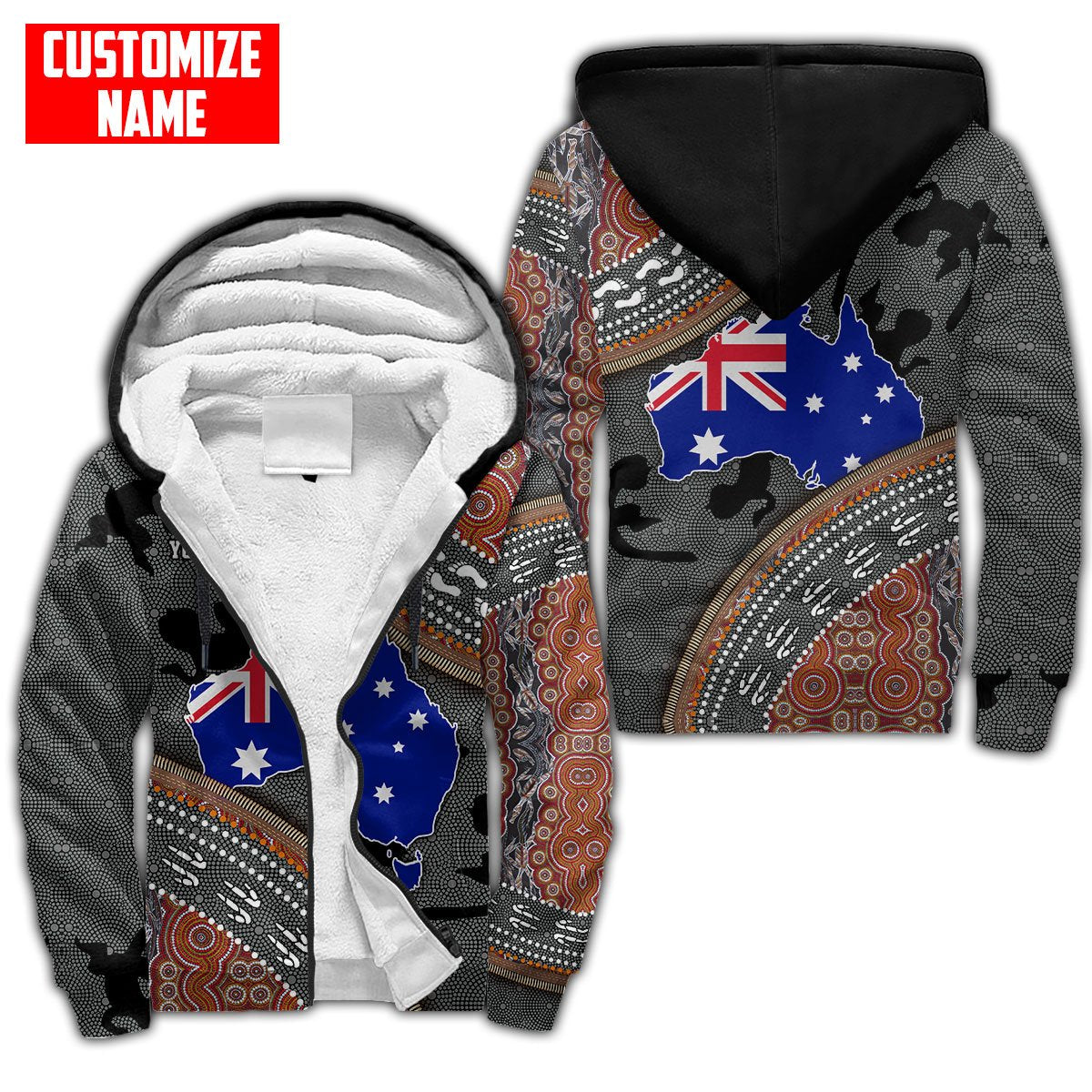 Custom name Australian Flag Aboriginal dots Zip pattern 3D printed shirts