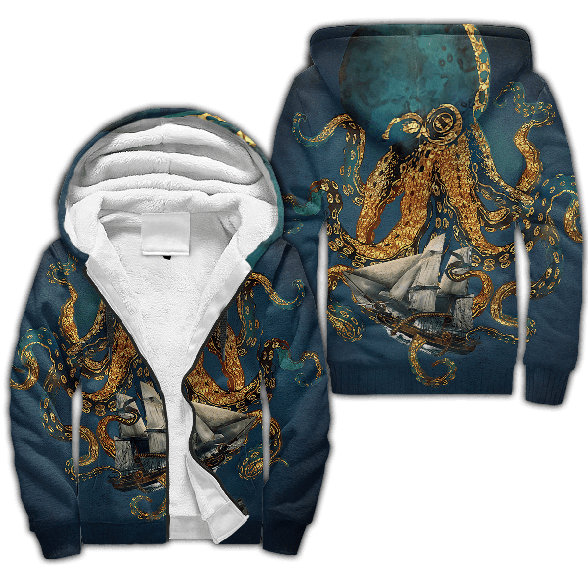 Premium Unisex Hoodie Black And White Kraken Octopus King of The Seven Seas ML