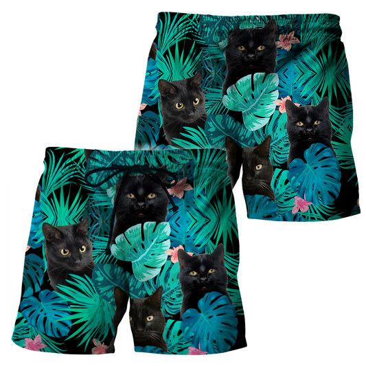 Black cat tropical leaves men's shorts HAC080701S-Apparel-HG-Shorts-S-Vibe Cosy™