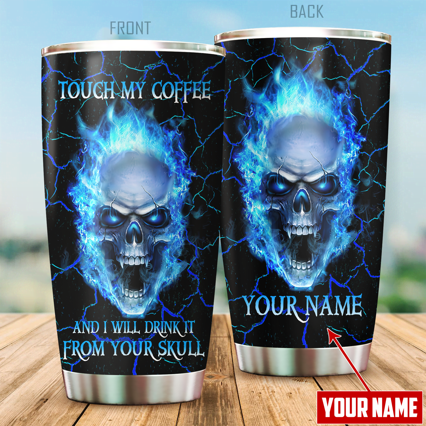 Customize Name Blue Skull Steel Tumbler