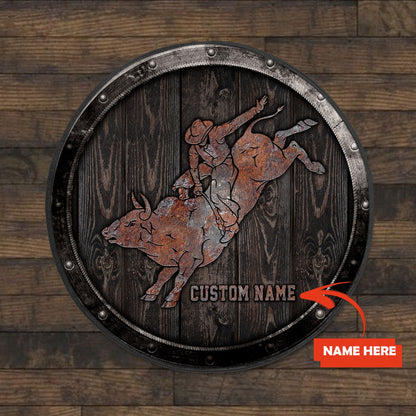Personalized Name Bull Riding Circle Rug Wood Pattern