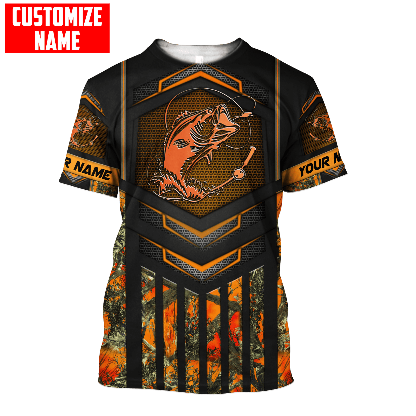 Custom name Fishing Orange Steel Camo Combo T-Shirt Short