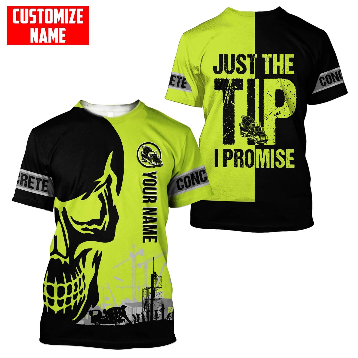 Concrete Finisher Site Skull Green Safety Custom name 3D Printed Shirts