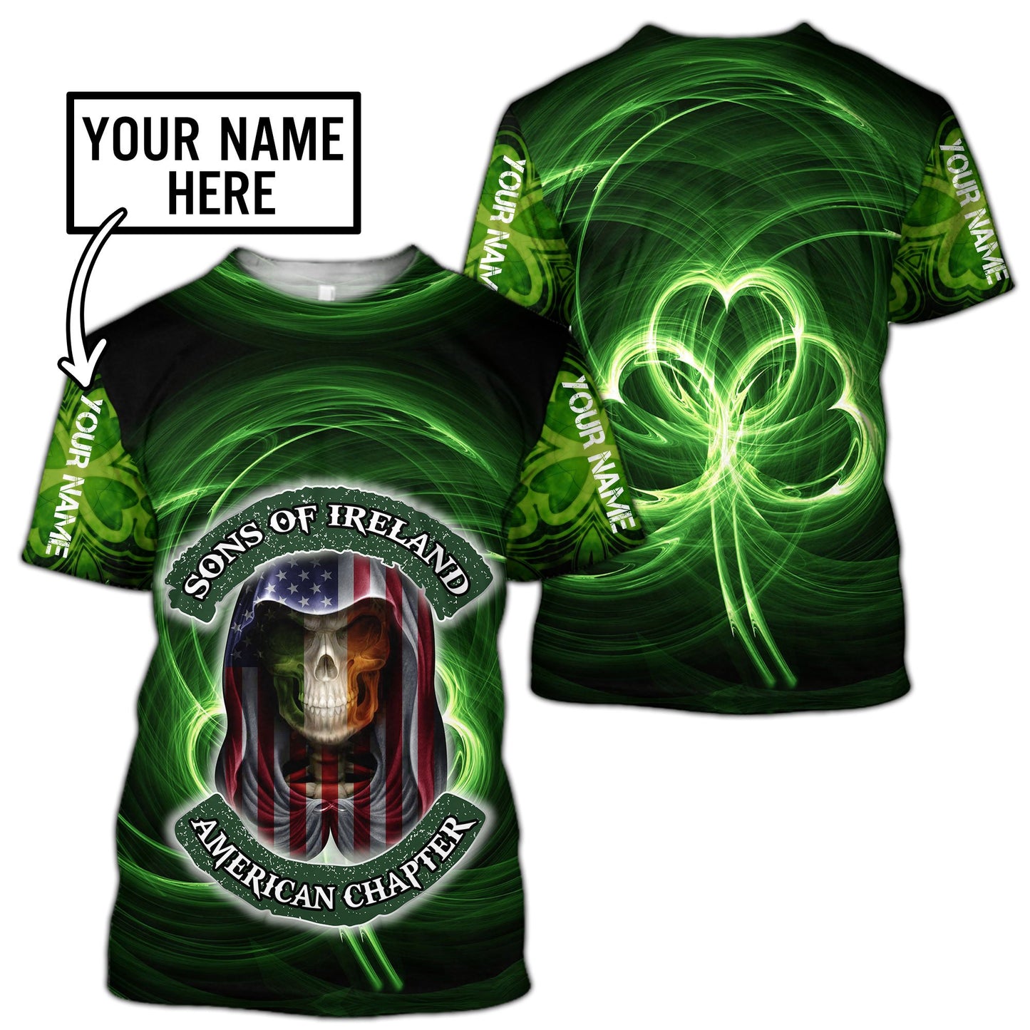 3D All Over Printed  Skull Irish St Patrick Day Unisex Shirts Custom Name XT