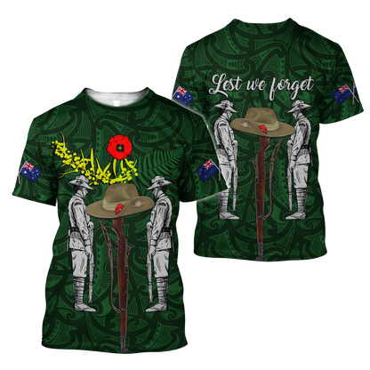 Lest We Forget Anzac Day Australia Golden Wattle And New Zealand Fern 3D Printed Shirts TN