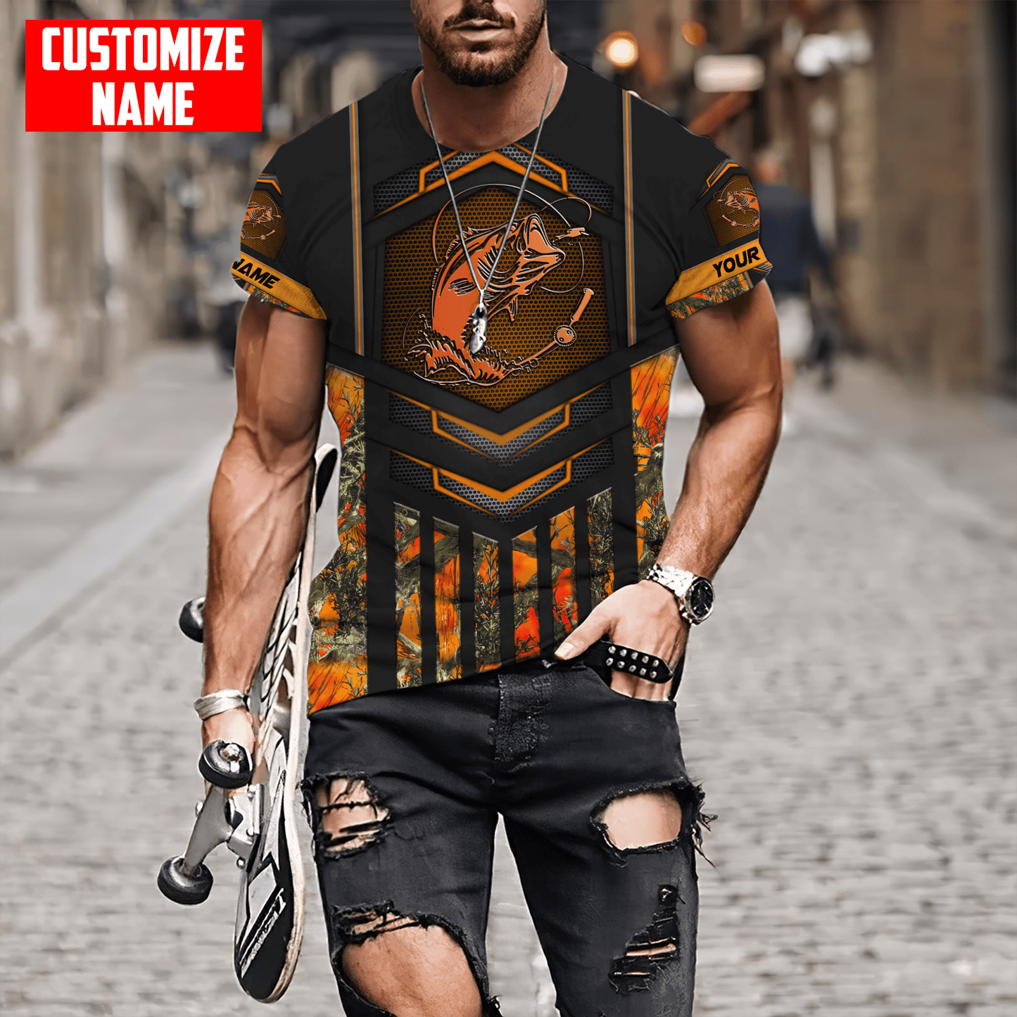 Custom name Fishing Orange Steel Camo 3D printed shirts