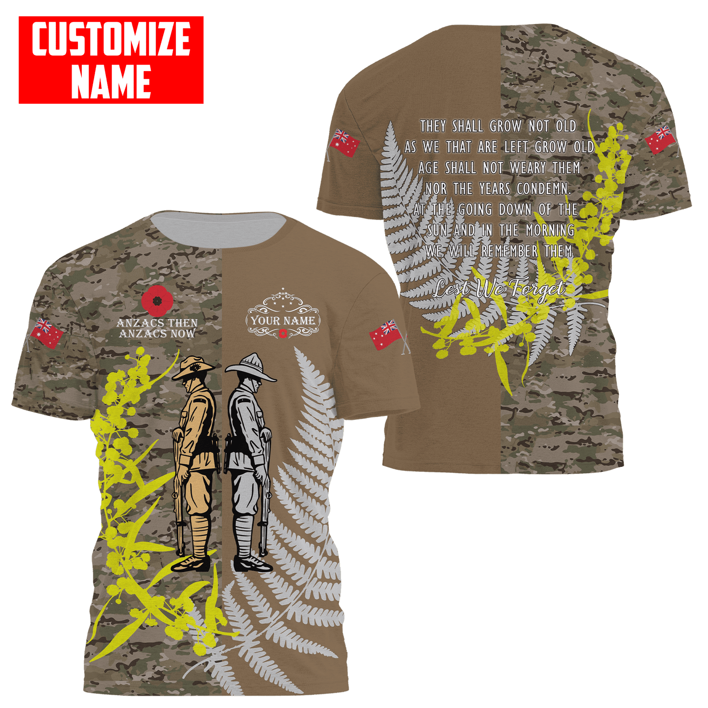 Custom name Anzac day The ode remembrance Soldier 3D printed shirts