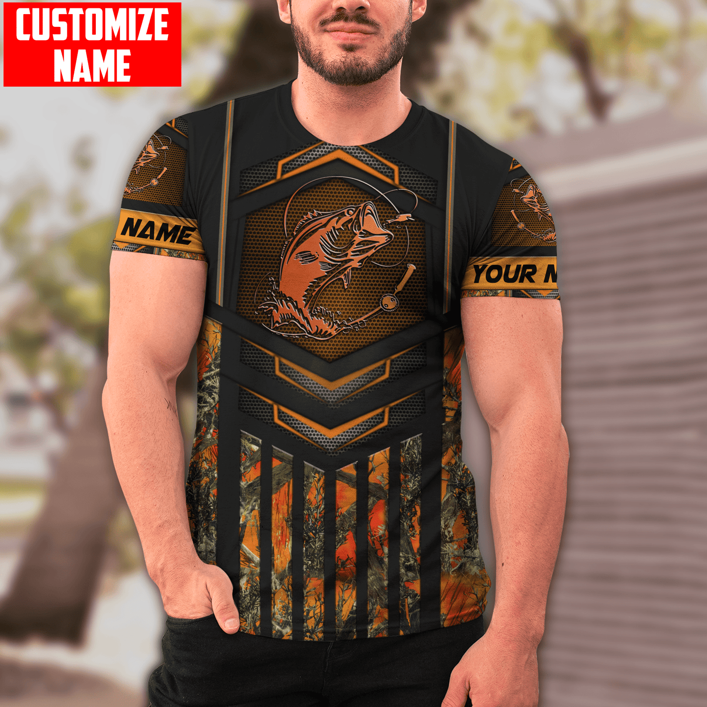 Custom name Fishing Orange Steel Camo 3D printed shirts