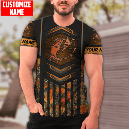 Custom name Fishing Orange Steel Camo 3D printed shirts