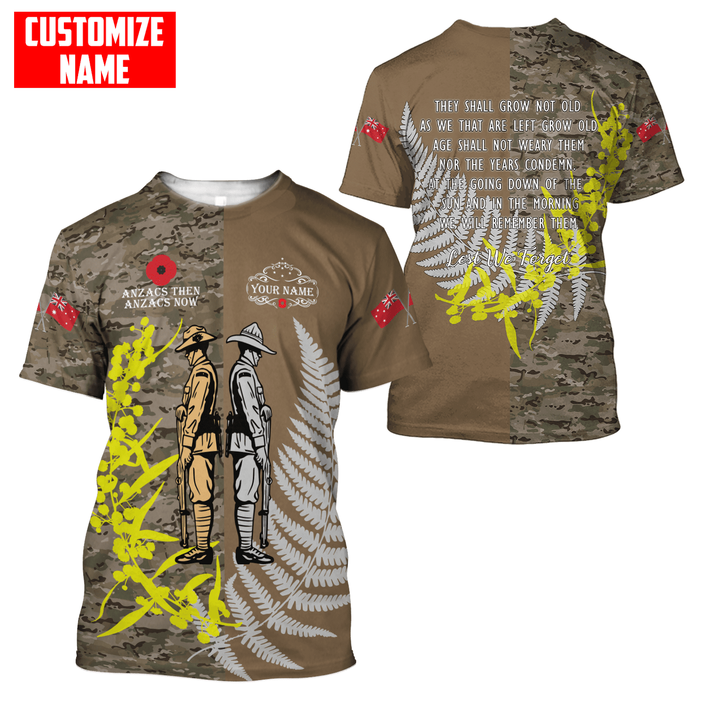 Custom name Anzac day The ode remembrance Soldier 3D printed shirts