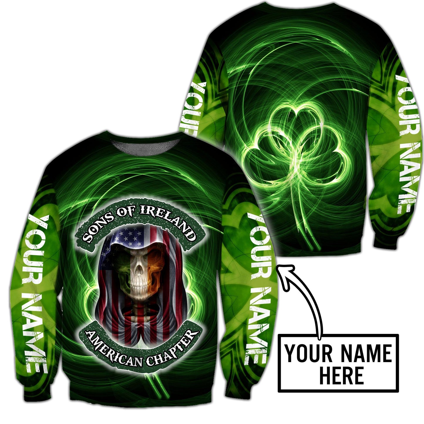 3D All Over Printed  Skull Irish St Patrick Day Unisex Shirts Custom Name XT