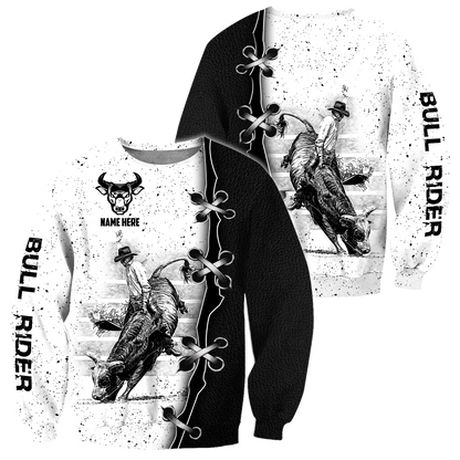 Personalized Name Bull Riding 3D All Over Printed Unisex Shirts Black And White Bull Rider
