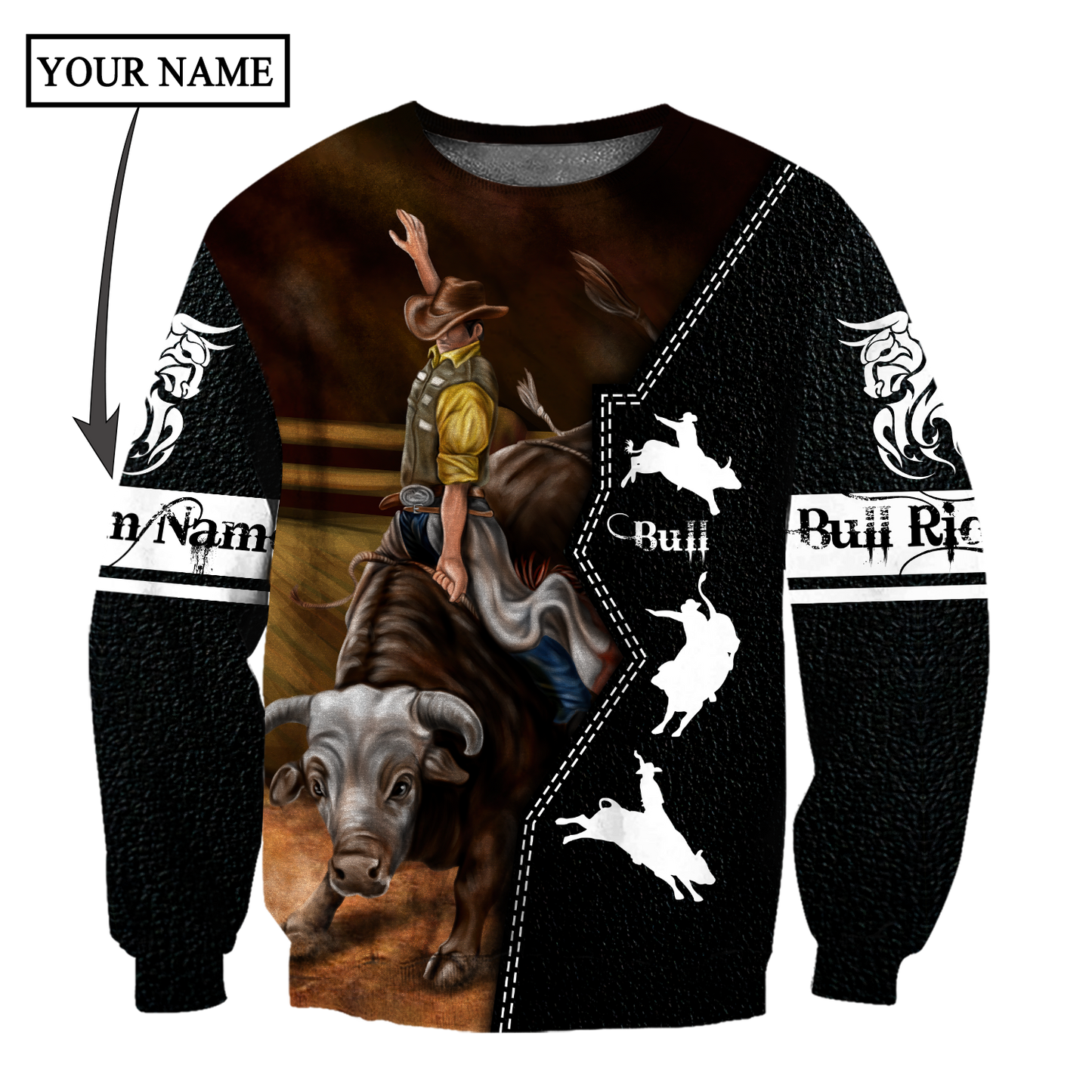 Personalized Name Bull Riding 3D All Over Printed Unisex Shirts Black Leather Texture