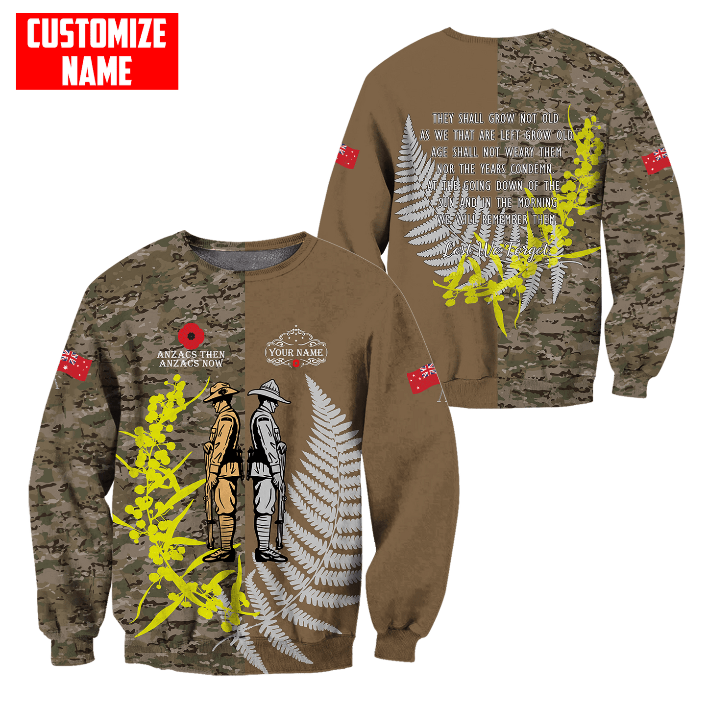 Custom name Anzac day The ode remembrance Soldier 3D printed winter shirts