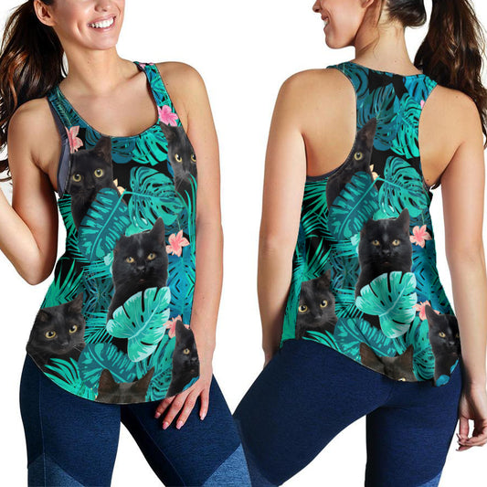 Black cat tropical leaves women's tank top HAC080701S-Apparel-HG-Tank Top-S-Vibe Cosy™