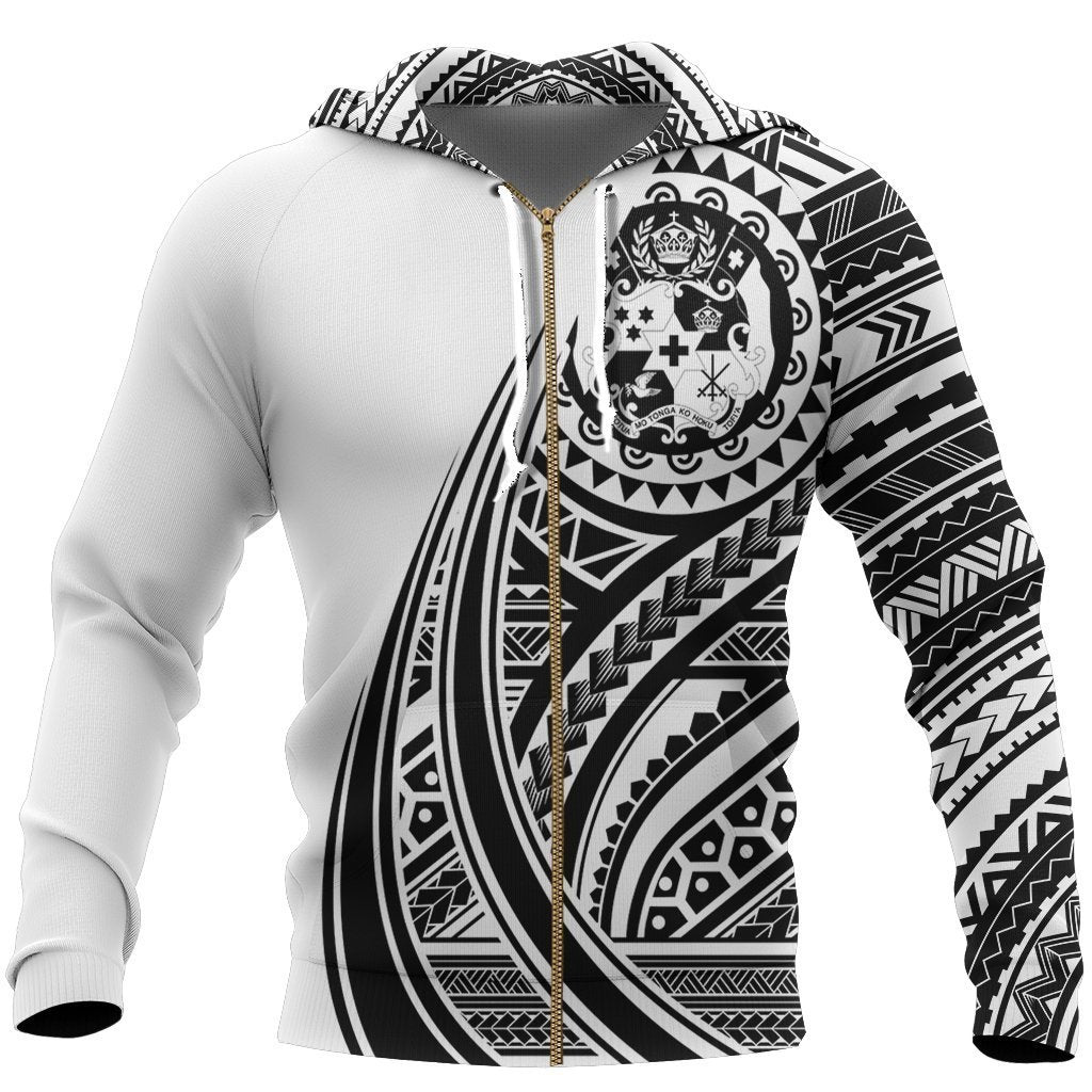 Tonga Coat Of Arms Polynesian Zip-Up Hoodie Tatoo Style White NNK 1215-Apparel-NNK-Zipped Hoodie-S-Vibe Cosy™