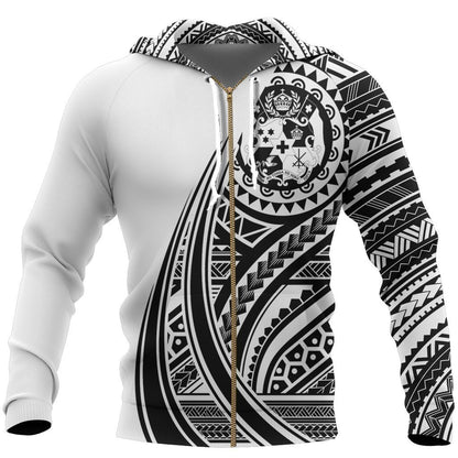 Tonga Coat Of Arms Polynesian Zip-Up Hoodie Tatoo Style White NNK 1215-Apparel-NNK-Zipped Hoodie-S-Vibe Cosy™
