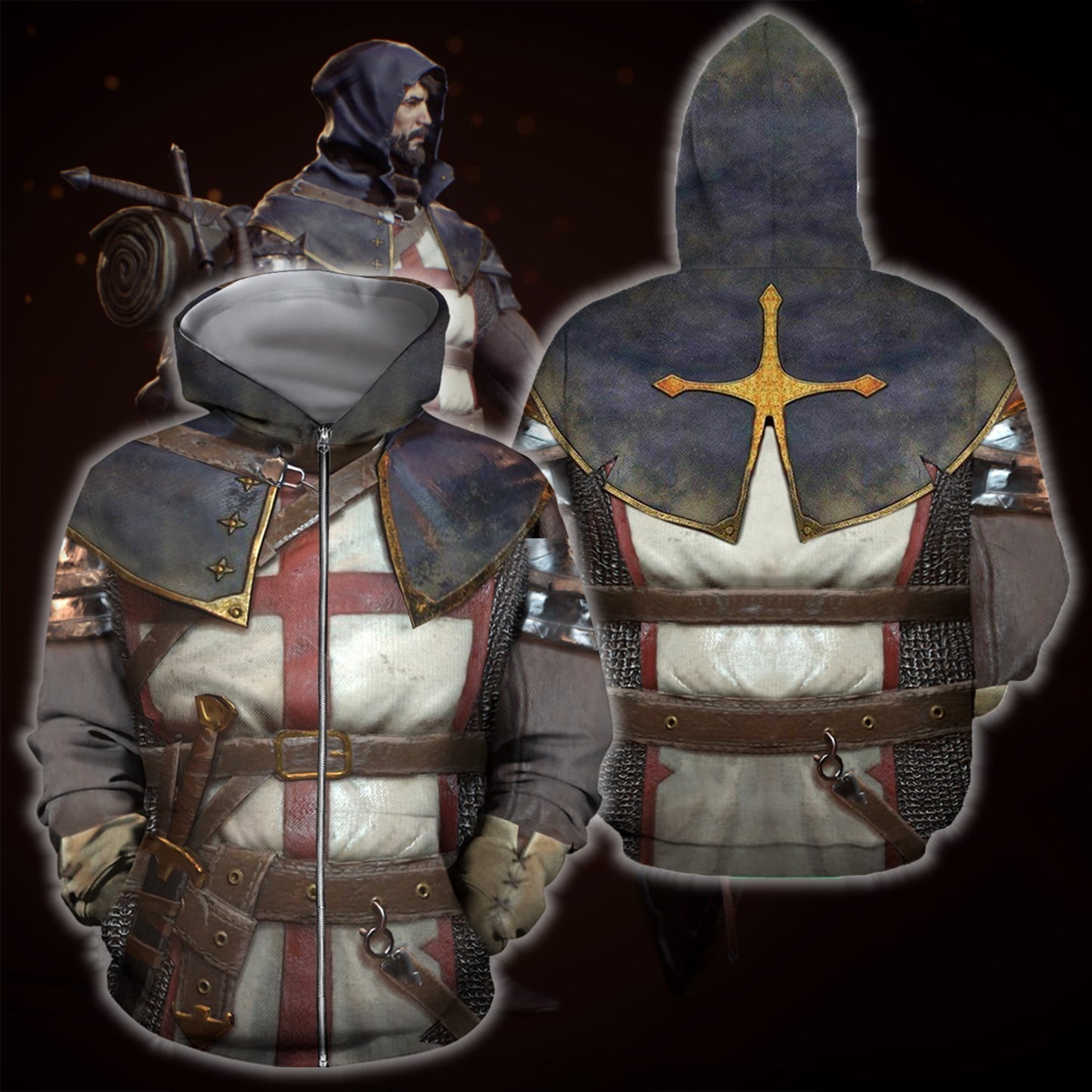 3D All Over Printed Knights Templar Tops-Apparel-HP Arts-ZIPPED HOODIE-S-Vibe Cosy™