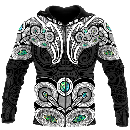 New Zealand Aotearoa Maori Tiki Silver Fern Paua Shell Unisex Deluxe Hoodie ML