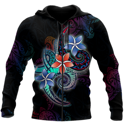 Amazing Polynesian Plumeria Flower And Turtle Tattoo Unisex Deluxe Hoodie ML