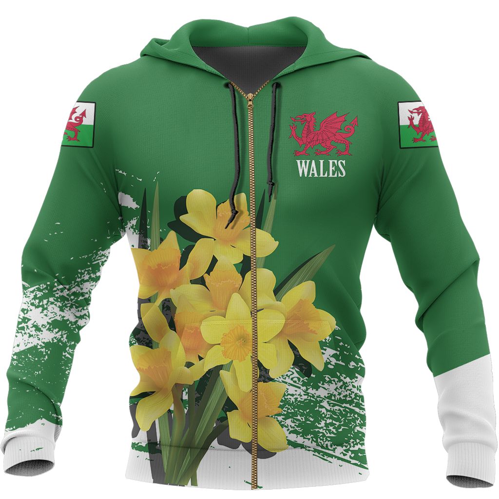 Wales Daffodil Hoodie Special Version PL-Apparel-PL8386-Zipped Hoodie-S-Vibe Cosy™