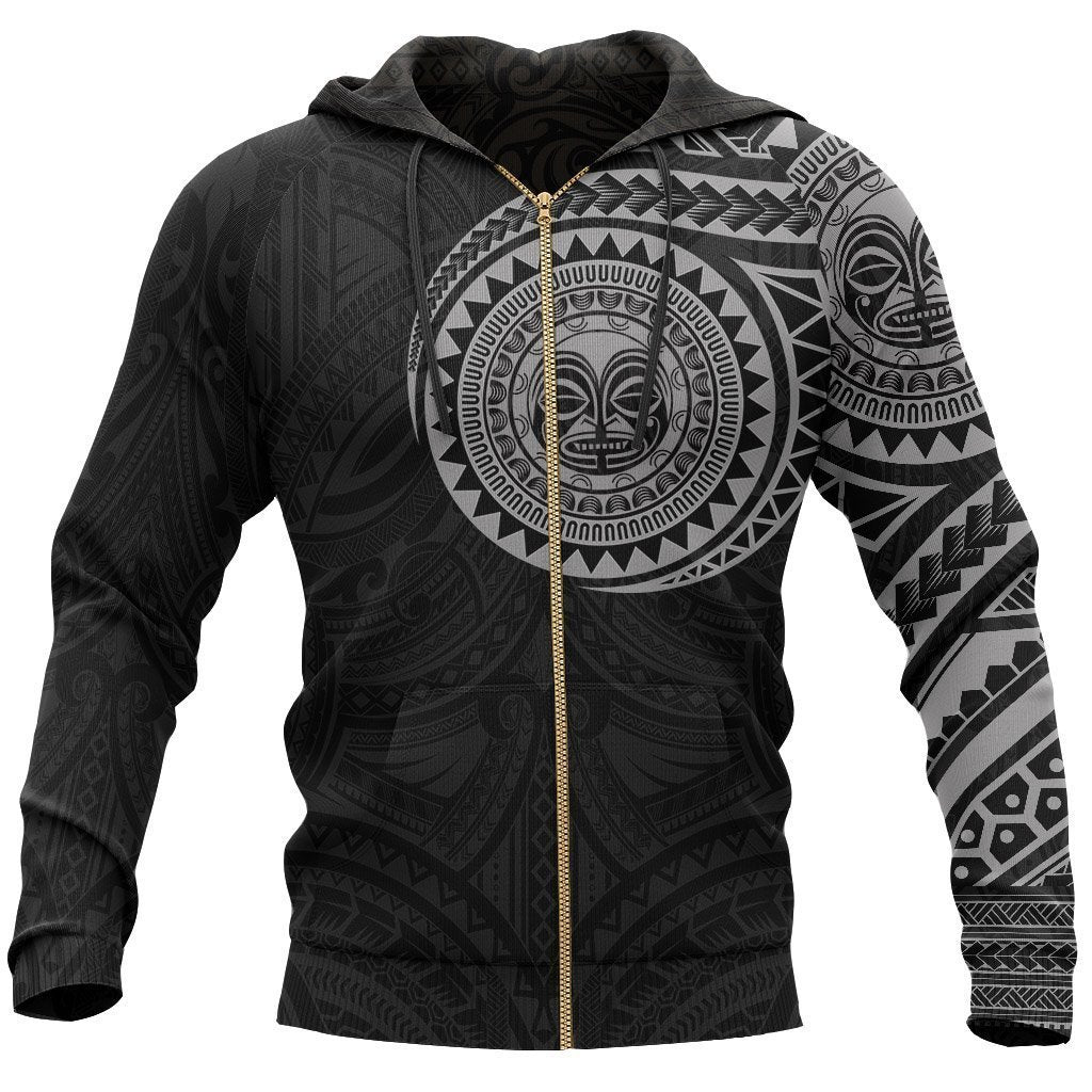 Polynesian Tiki Face™ Tattoo Style Hoodie Gray NVD1342P-Apparel-MP-Zipped Hoodie-S-Vibe Cosy™