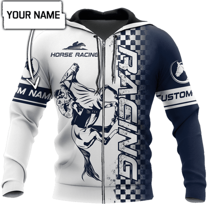 Personalized Name Horse Racing Blue 3D All Over Printed Unisex Hoodie