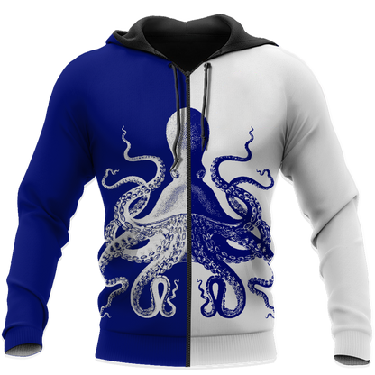 Premium Unisex Hoodie Blue And White Kraken Octopus King of The Seven Seas ML
