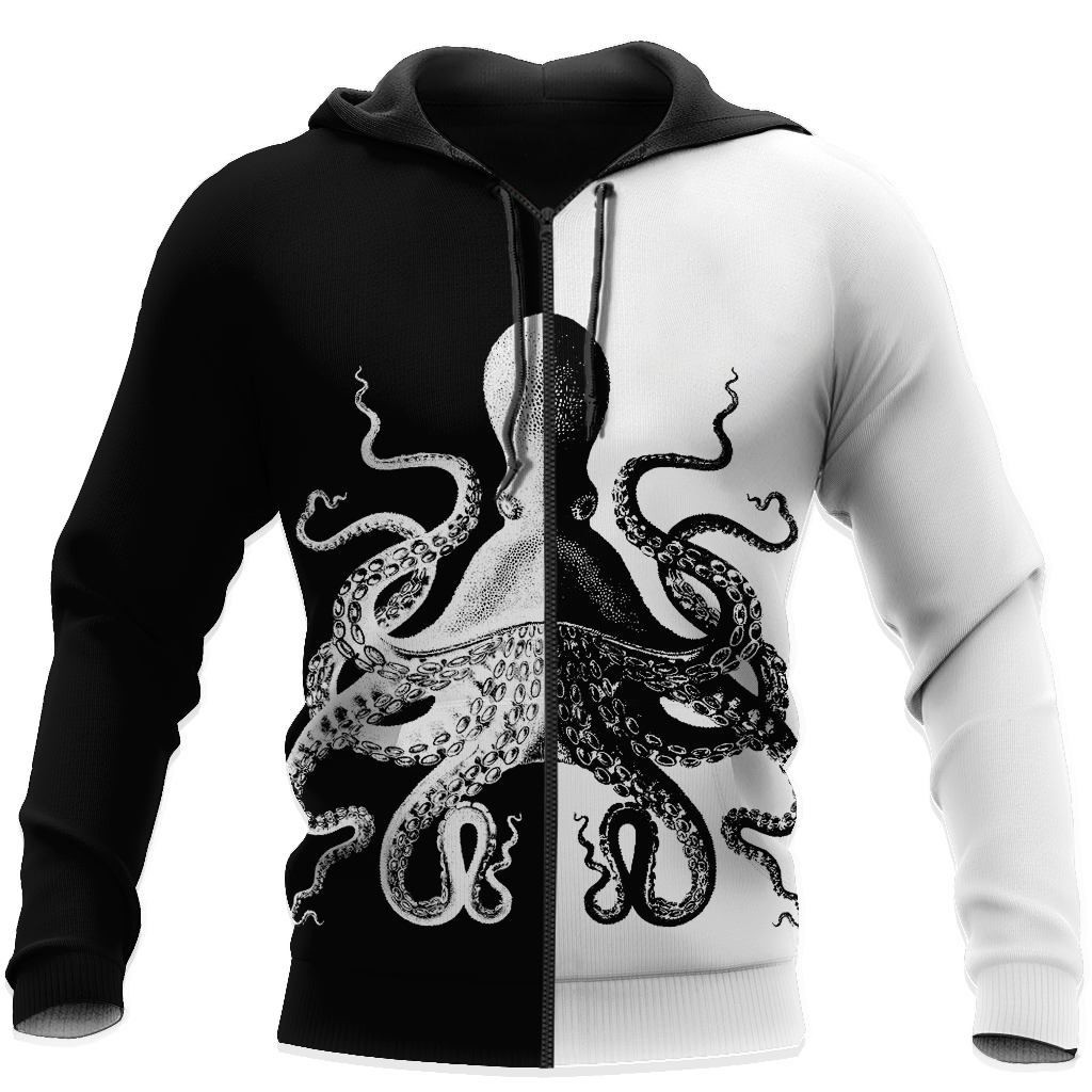 Premium Unisex Hoodie Black And White Kraken Octopus King of The Seven Seas ML