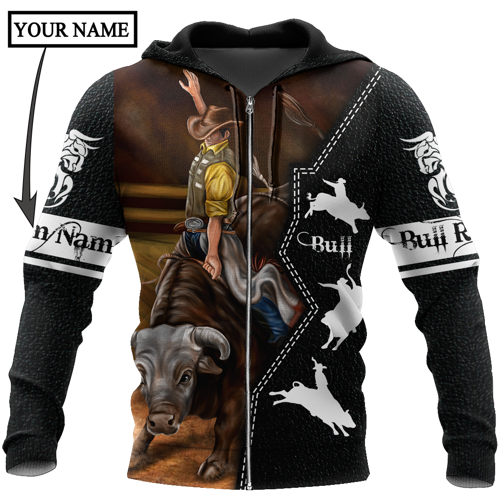 Personalized Name Bull Riding 3D All Over Printed Unisex Shirts Black Leather Texture