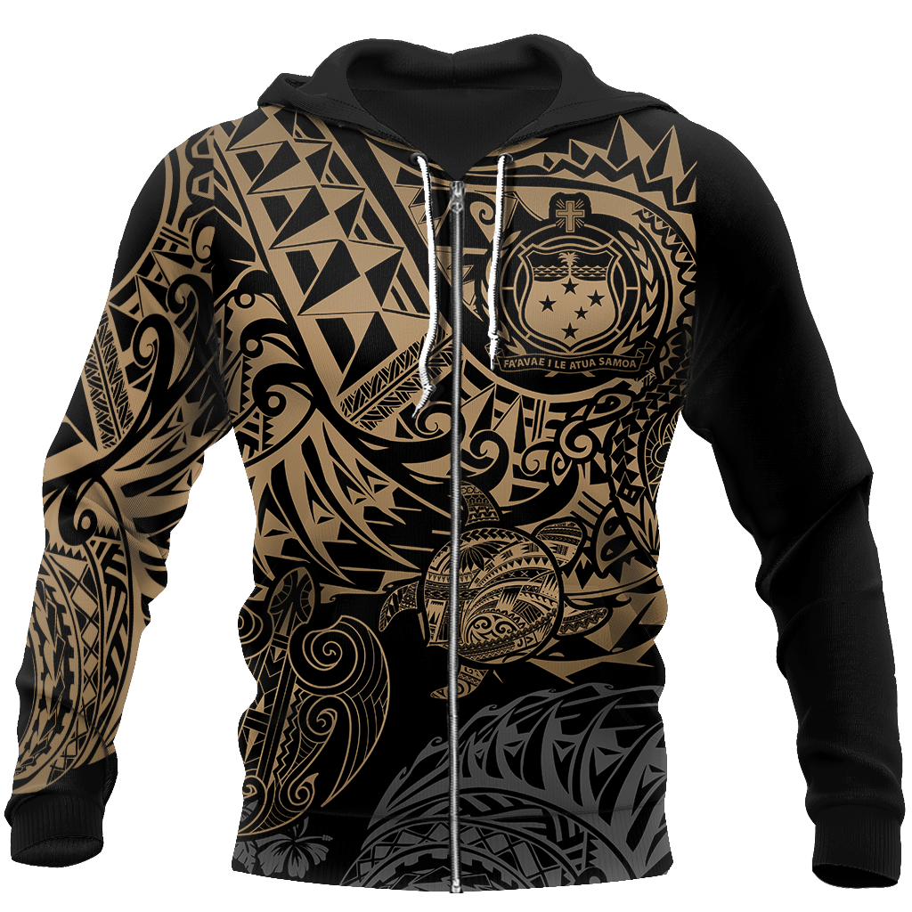 Samoa Polynesian Hoodie - Gold Turtle Flowing 3d all over printed shirt and short for man and women JJ120202 PL-Apparel-PL8386-Zipped Hoodie-S-Vibe Cosy™
