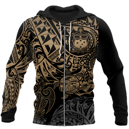 Samoa Polynesian Hoodie - Gold Turtle Flowing 3d all over printed shirt and short for man and women JJ120202 PL-Apparel-PL8386-Zipped Hoodie-S-Vibe Cosy™