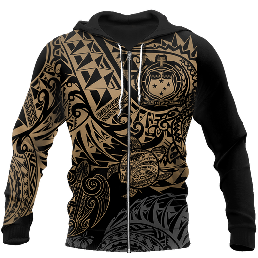 Samoa Polynesian Hoodie - Gold Turtle Flowing 3d all over printed shirt and short for man and women JJ120202 PL-Apparel-PL8386-Zipped Hoodie-S-Vibe Cosy™