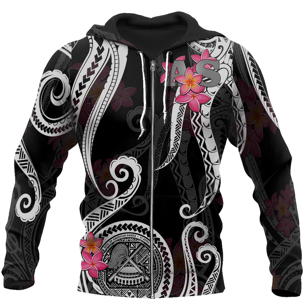 American Samoa Polynesian Hoodie - Black Plumeria 3d all over printed shirt and short for man and women JJ120204 PL-Apparel-PL8386-Zipped Hoodie-S-Vibe Cosy™