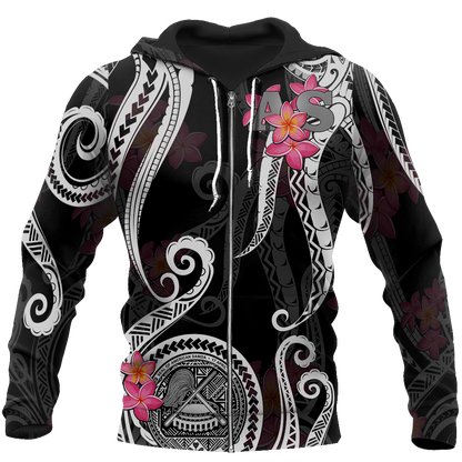 American Samoa Polynesian Hoodie - Black Plumeria 3d all over printed shirt and short for man and women JJ120204 PL-Apparel-PL8386-Zipped Hoodie-S-Vibe Cosy™