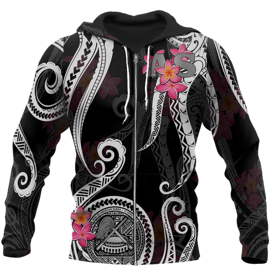 American Samoa Polynesian Hoodie - Black Plumeria 3d all over printed shirt and short for man and women JJ120204 PL-Apparel-PL8386-Zipped Hoodie-S-Vibe Cosy™