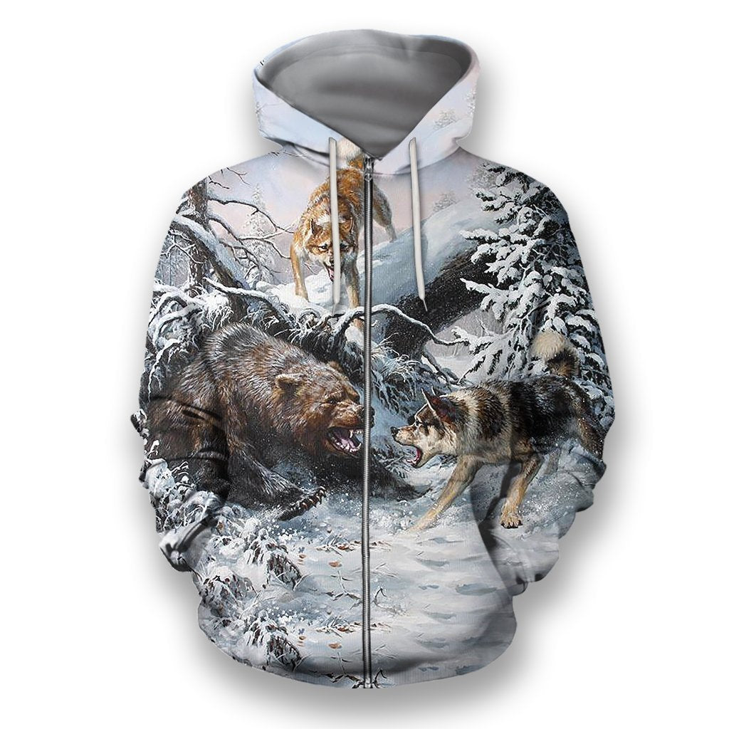 All Over Print Bear Hunting-Apparel-HbArts-Zipped Hoodie-S-Vibe Cosy™