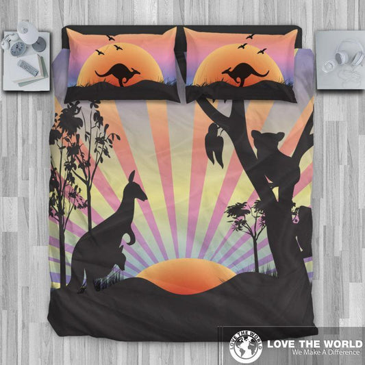 Australian bedding set - kangaroo and koala sunset K5-BEDDING SETS-HP Arts-Bedding Set - Black - AUSTRALIA KOALA AND KANGAROO IN SUNSET BEDDING SET C1-King-Black-Vibe Cosy™