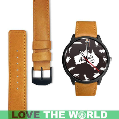 Australia Watch - Australian Symbols Leather-Steel Watch A3-LEATHER-STEEL WATCHES-HP Arts-Mens 40mm-Brown-Vibe Cosy™