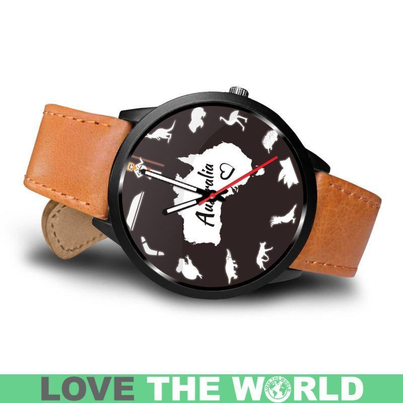 Australia Watch - Australian Symbols Leather-Steel Watch A3-LEATHER-STEEL WATCHES-HP Arts-Mens 40mm-Brown-Vibe Cosy™
