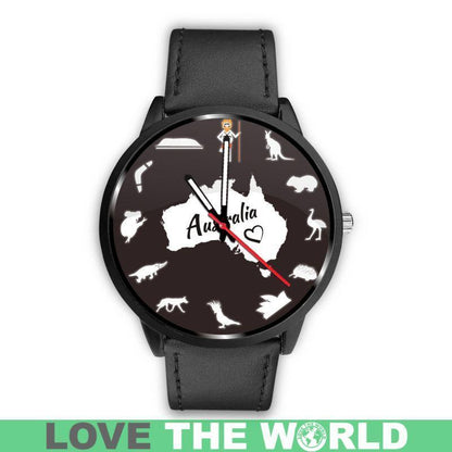 Australia Watch - Australian Symbols Leather-Steel Watch A3-LEATHER-STEEL WATCHES-HP Arts-Mens 40mm-Black-Vibe Cosy™