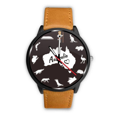 Australia Watch - Australian Symbols Leather-Steel Watch A3-LEATHER-STEEL WATCHES-HP Arts-Mens 40mm-Brown-Vibe Cosy™