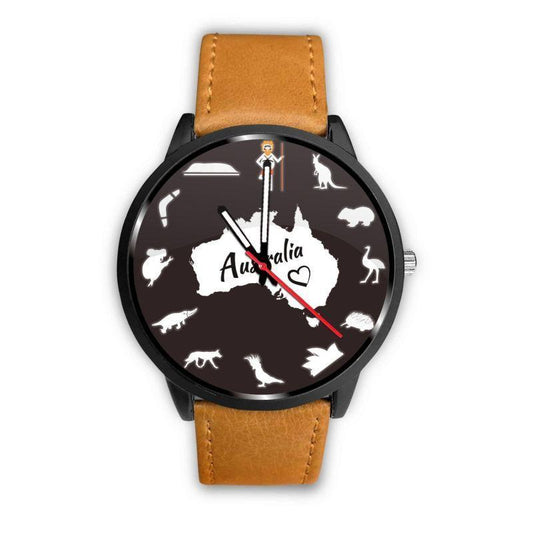 Australia Watch - Australian Symbols Leather-Steel Watch A3-LEATHER-STEEL WATCHES-HP Arts-Mens 40mm-Brown-Vibe Cosy™