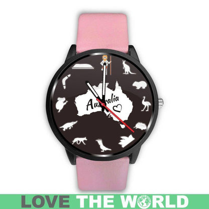 Australia Watch - Australian Symbols Leather-Steel Watch A3-LEATHER-STEEL WATCHES-HP Arts-Mens 40mm-Pink-Vibe Cosy™