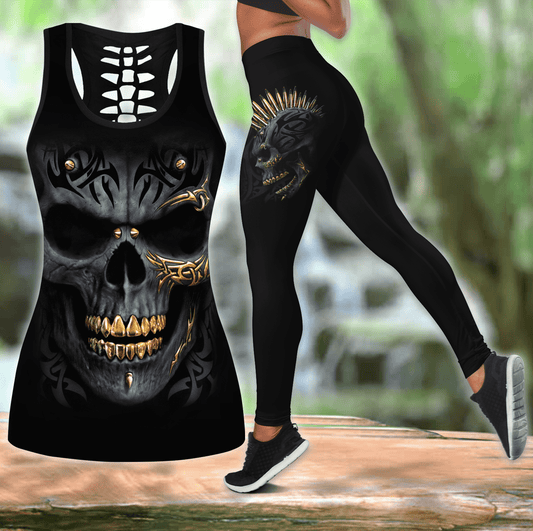 Skull Combo Hollow Tank Top And Legging Outfit