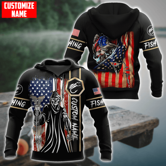Fishing Skull Reaper American Flag Custom name fishing shirt for men and women