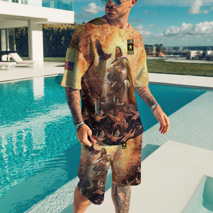 US Army Veteran Jesus 3D All Over Printed Combo T-Shirt BoardShorts